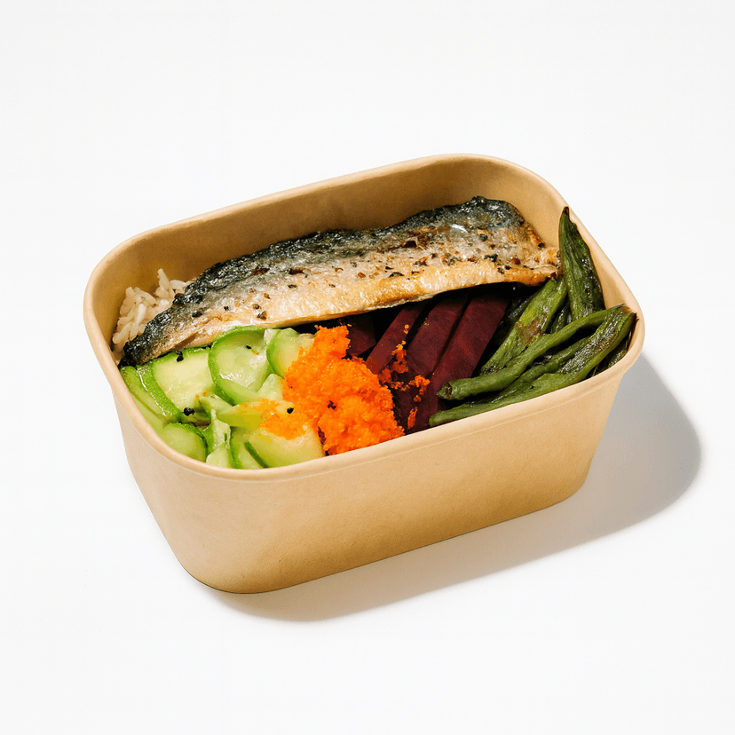 Grilled Mackerel, Roasted Zucchini, Miso String Beans, Beetroot & Masago